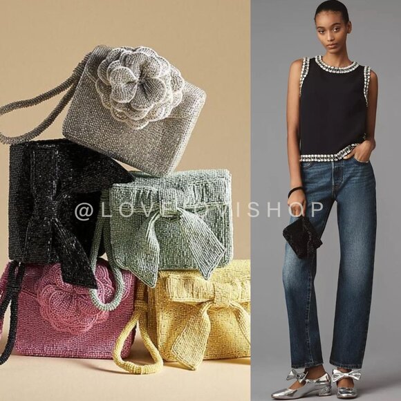 Evening Bag | NWT Anthropologie Beaded Bow Black Wristlet Clutch NYE Feminine - Picture 3 of 12
